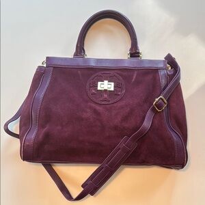 Tory Burch purple suede leather purse crossbody tote bag with gold hardware